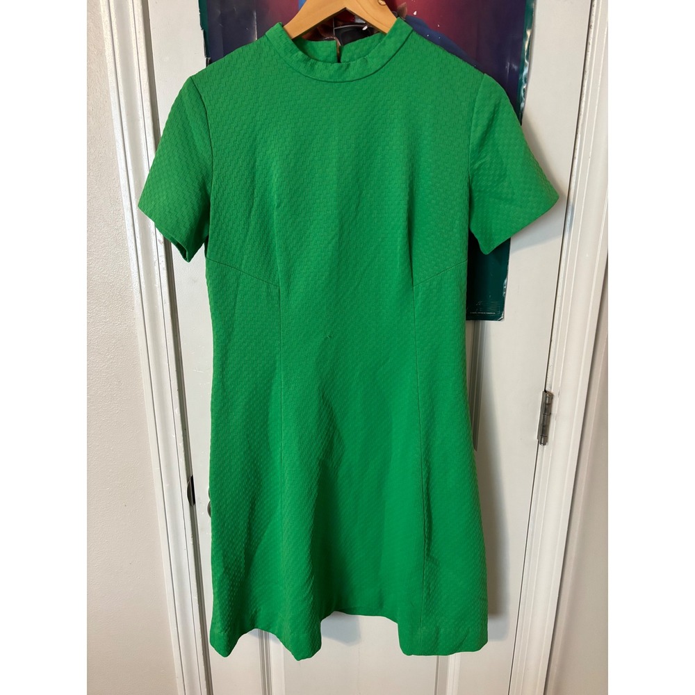 Vintage Kelly Green Mock Neck Shift Dress Retro Mod Textured Short 60s handmade